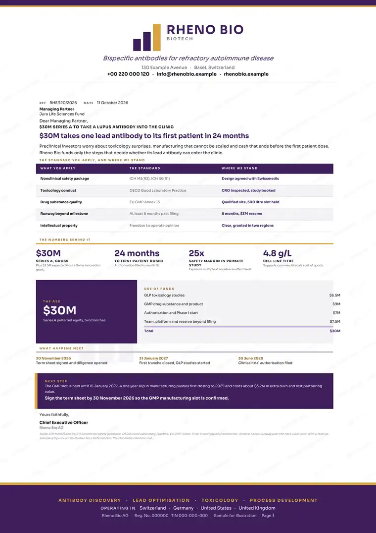 Letters, Preclinical biotech: finished specimen shown whole