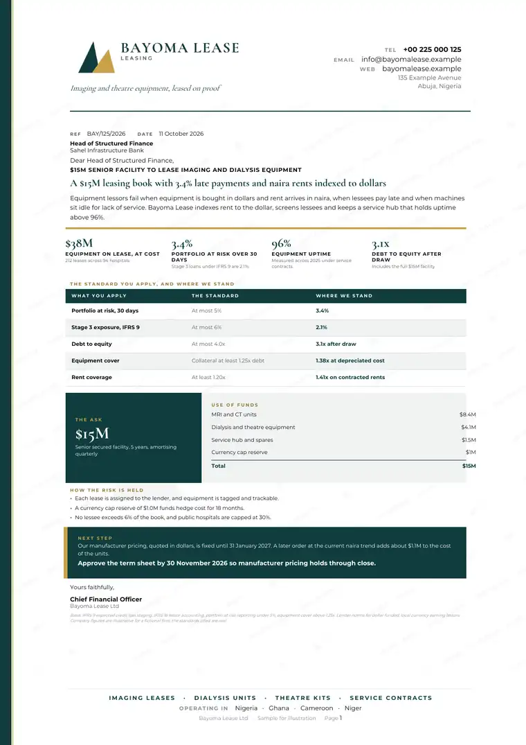 Letters, Hospital equipment leasing: finished specimen shown whole