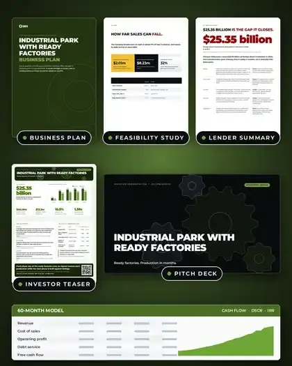 Plans, Industrial park with ready factories: finished specimen shown whole