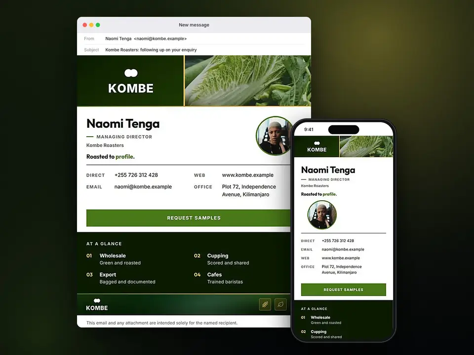 Signatures, Kombe Roasters: finished specimen shown whole