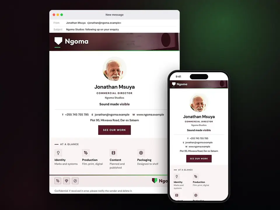 Signatures, Ngoma Studios: finished specimen shown whole