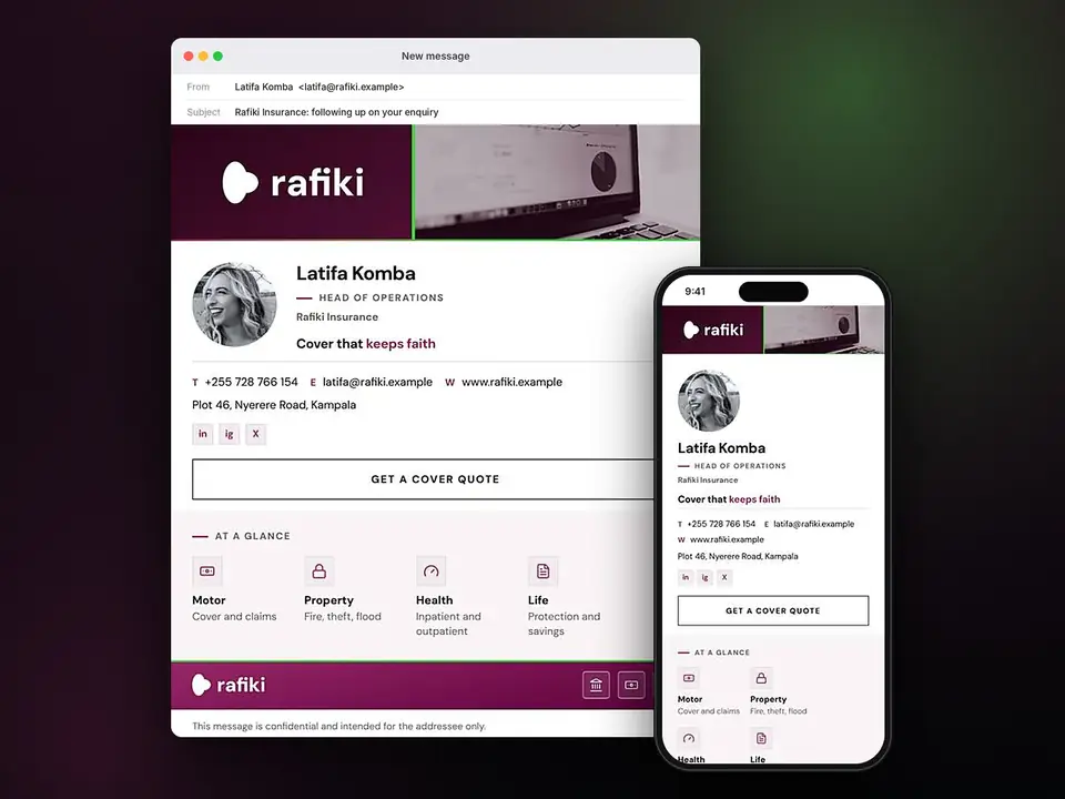 Signatures, Rafiki Insurance: finished specimen shown whole