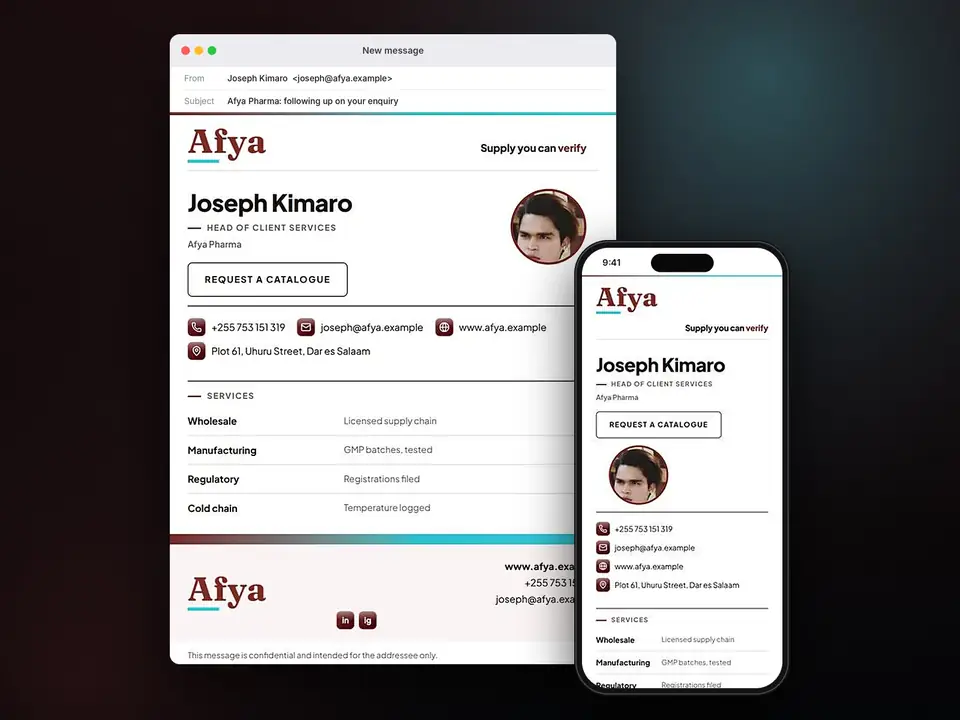 Signatures, Afya Pharma: finished specimen shown whole