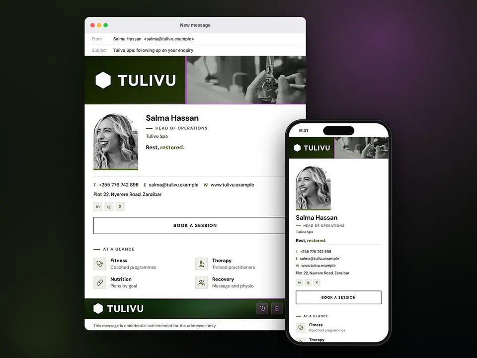 Signatures, Tulivu Spa: finished specimen shown whole