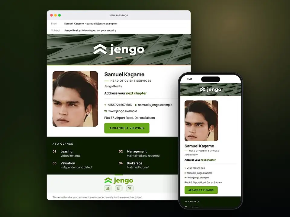 Signatures, Jengo Realty: finished specimen shown whole