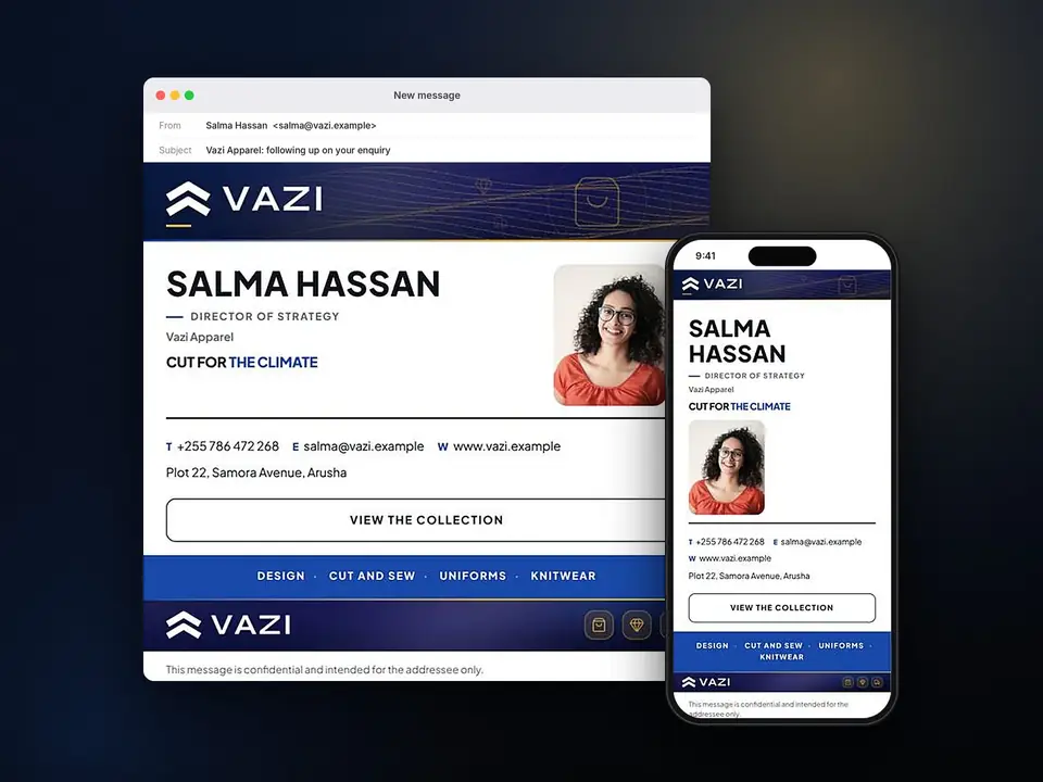 Signatures, Vazi Apparel: finished specimen shown whole