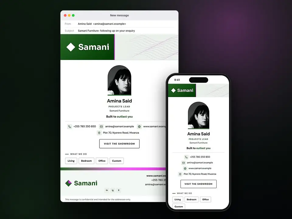 Signatures, Samani Furniture: finished specimen shown whole