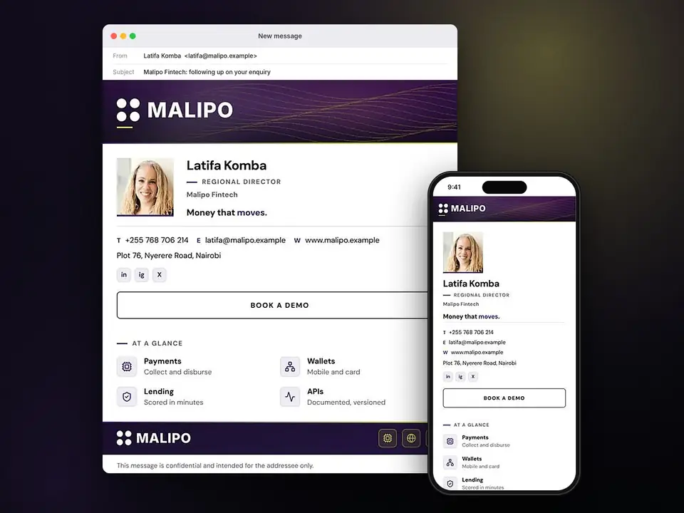 Signatures, Malipo Fintech: finished specimen shown whole