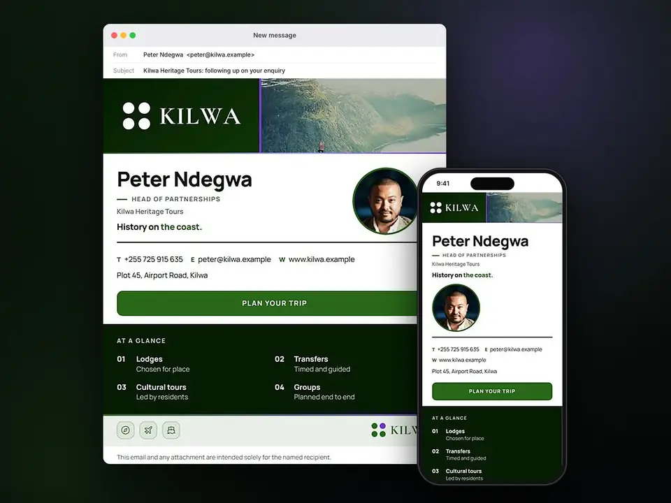 Signatures, Kilwa Heritage Tours: finished specimen shown whole